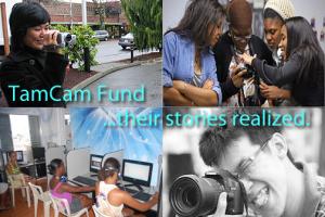 A poster for TamCam Fund with four different pictures of young people of color making documentary films 