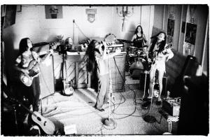Black and white photograph of a studio performance of the rock group "Fanny"