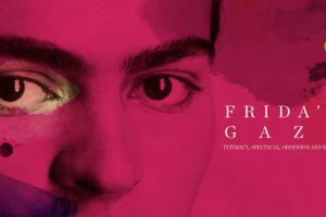 An extreme close up of Frida Khalo's eyes, with stylistic pink brushstrokes overlaying the picture