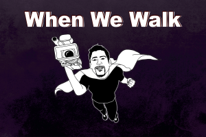 An illustrated image of an adult in superhero outfit carrying a camera