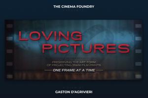 A dark film frame with the text "Loving Pictures" over it in red letters