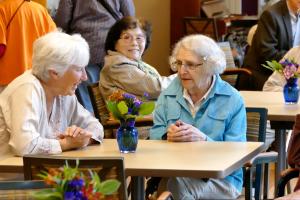A group of senior citizen women sit and talk