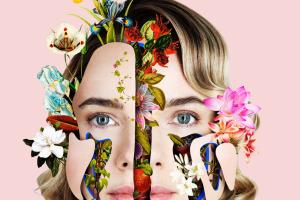 flowers, leaves and other natural imagery seep through the artificial "cracks" in a young White woman's face. 