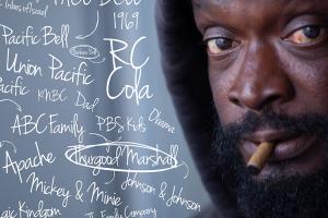 A Black unhoused man smokes a cigarette, handwritten thought maps surround his head.