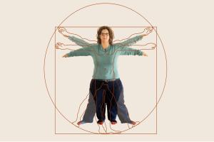 A take on the Vitruvian Man with a woman with dwarfism in the center