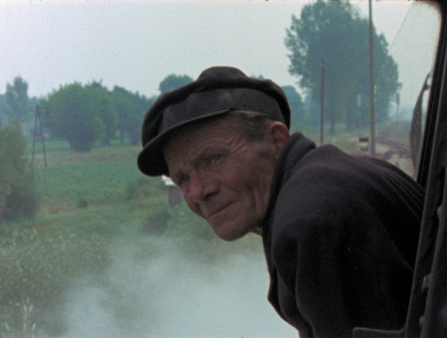 A man in a hat and a coat leans out into the frame, looking ahead at the green fields beyond