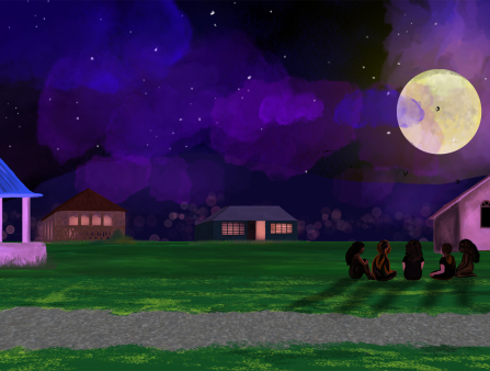 Animated shot of a nighttime scene with some kids gathered outside right by a pink-lit church