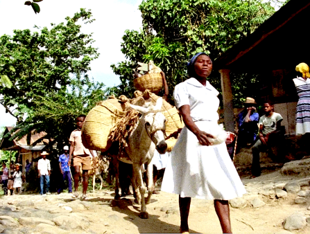 Grainy still of a young Black girl in a white shirt and skirt and blue headwrap walking a donkey around a dust road with tropical trees behind her