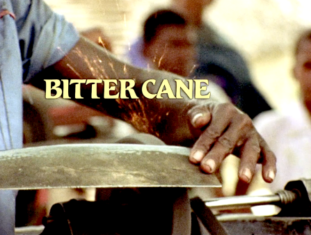 Title card for the film Bitter Cane, overlaid over a Black man's hand sharpening a knife, sparks flying in close-up