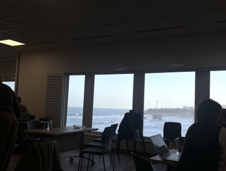 A meeting room with a view of the ocean.