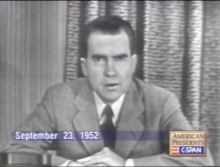 Blurry, grainy C-SPAN screenshot of a dated September 23, 1952 speech by Richard Nixon, a white man with dark hair in a suit and tie addressing the camera