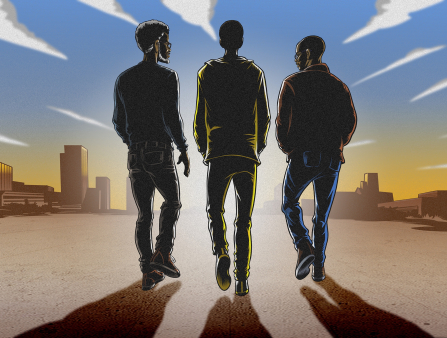 An animated still featuring three Black men walking into the horizon, their shadows trailing behind them