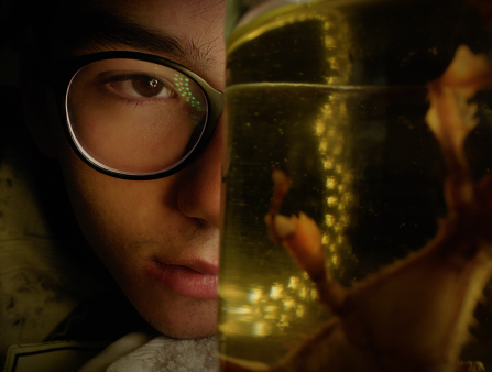 Close-up of a teen with glasses staring into a jar that holds an insect that feels lit from within against a dark backdrop
