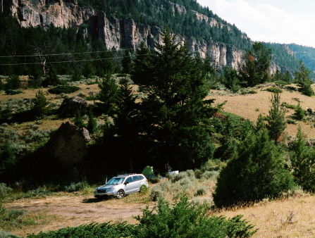 Grey SUV with windows blocked parked in the wilderness
