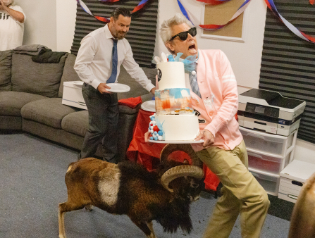 A goat rams a man in a pink jacket and sunglasses holding a three tiered cake. They are in an office. A man in a collared shirt and tie holds a plate behind the two and smiles. Another man in the distant background wears a shirt that reads "Sir" and holds a video camera