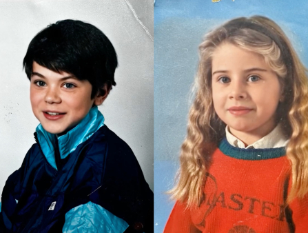 Two photograph portraits side by side. On the left, a young boy with black hair smiles, wearing a blue and black jacket. On the right, a young girl with long, blonde, curly hair wears an orange sweater over a collared shirt and a black headband
