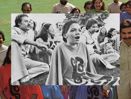 A black and white image of a crowd in loose fitting garments sitting in the grass and singing, including a man playing the guitar, is laid over a color image of a crowd of people in similar garb walking and smiling