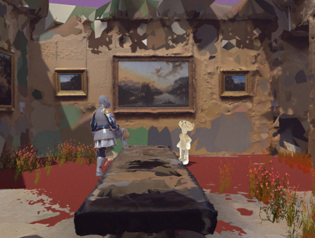 A crudely animated gallery space with flowers growing from the ground, in which a knight and teddy bear-like figure stand facing each other in front of a landscape painting