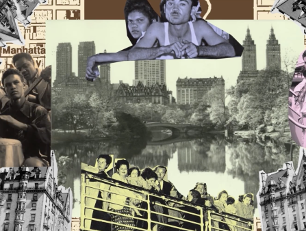 A collage of black and white photographs of the buildings of the West Side of New York City, and West Side residents, playing the drums, riding on a boat, and more. Pink, orange, purple, and yellow hues have been added to some photographs.