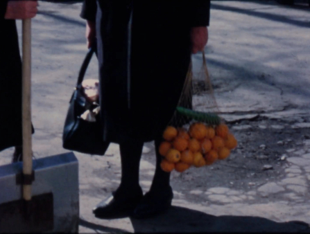 The legs of a figure wearing a blank trenchcoat, black socks, and black flats, holding a black bag in their right hand and a mesh bag of oranges in their left hand. They stand on grey asphalt