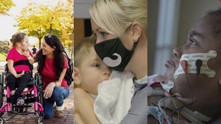 	The image contains three different pictures taking up equal space. The image on the far left has a young girl in a pink wheelchair looking at her grandmother, a white woman in a red shirt. The center image has a young boy in the arms of his mother a blond white woman, as he mouths his blanket for comfort. She is wearing a face mask with a moustache on it. The right image pictures a 5 year old girl, she is pouting and has electrodes on her face.