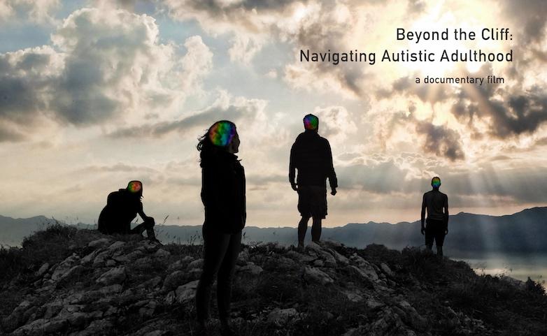 A silhouette of four people standing on top of a cliff as the sun shines through the clouds. Text in the top left corner reads "Beyond the Cliff: Navigating Autistic Adulthood"