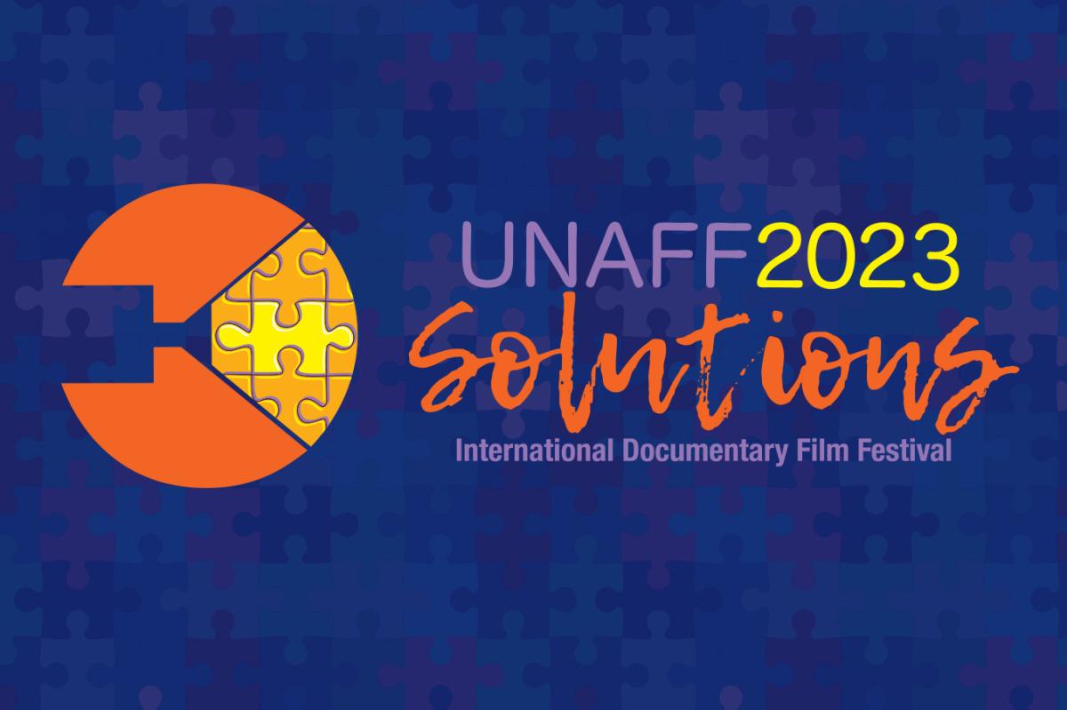 Orange logo on a blue background showing puzzle pieces. The text next to the logo reads UNAFF 2023 Solutions