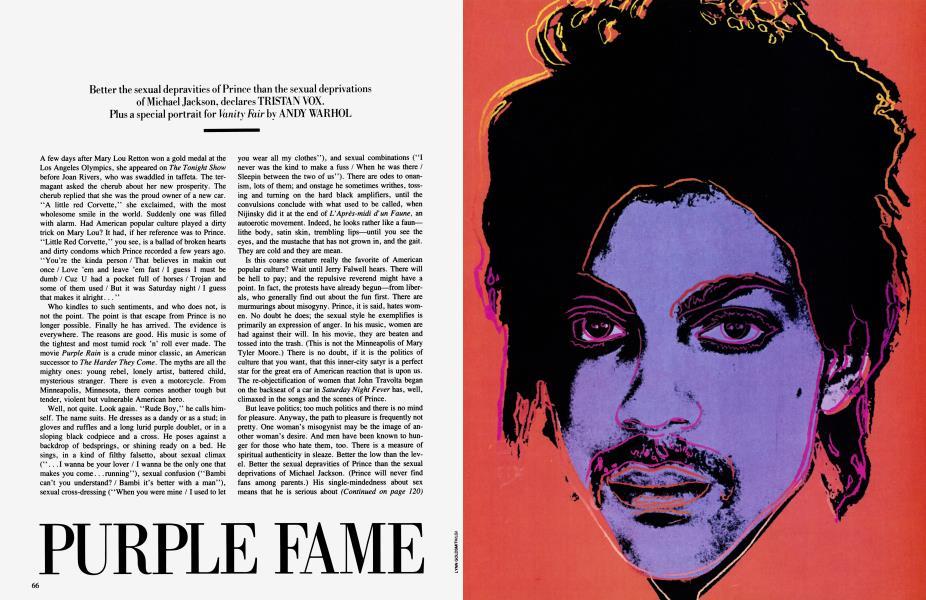 An article titled Purple Fame on the left with an image of Prince on the right, outlined in black and purple amidst an orange background.