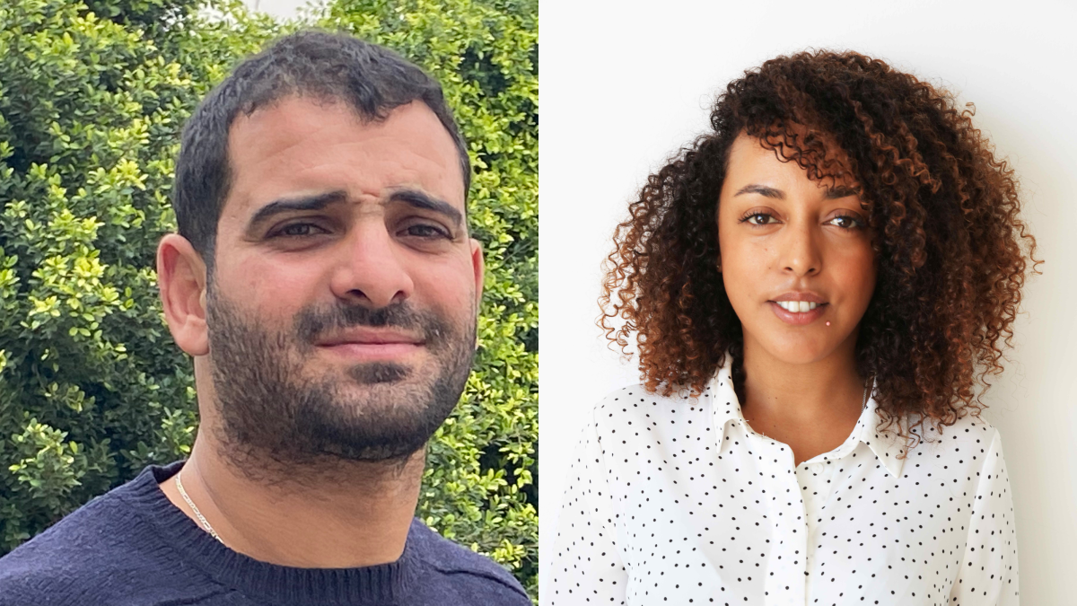 Image: (left) director Saif Chida - headshot of person wearing blue shirt, black hair and beard, with green trees behind him. (right) producer Olfa Ben Achour of Cirta - headshot of a person wearing a white shirt with small black polka dots, think brown curly hair, with a white wall behind them.