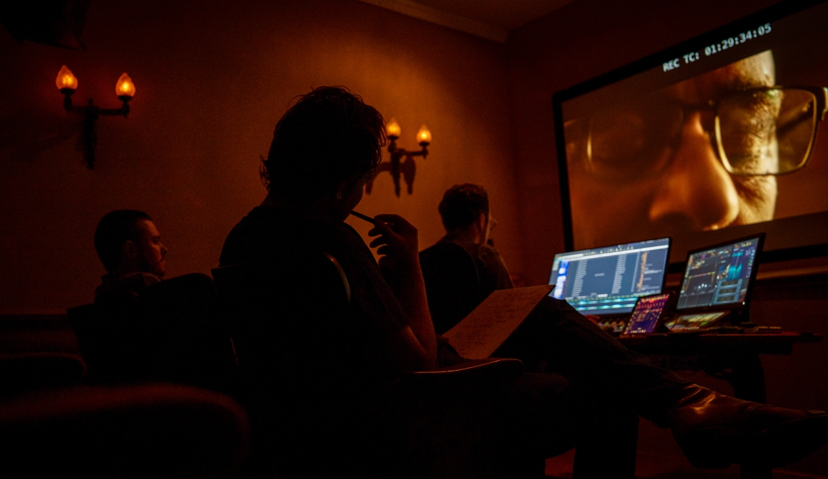 Ben Proudfoot and longtime collaborators Nick Wright, the editor, and supervising sound editor Sean Higgins review an initial mix of "The Last Repair Shop" in Breakwater's handsome 5.1 dub stage.