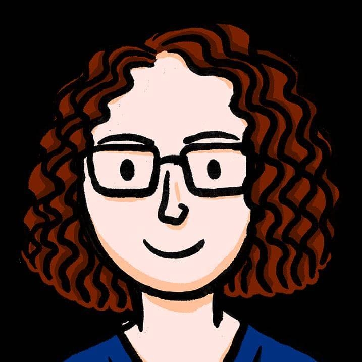 Cartoon drawing of a woman with light skin, curly brown hair, and black glasses, wearing a blue shirt.