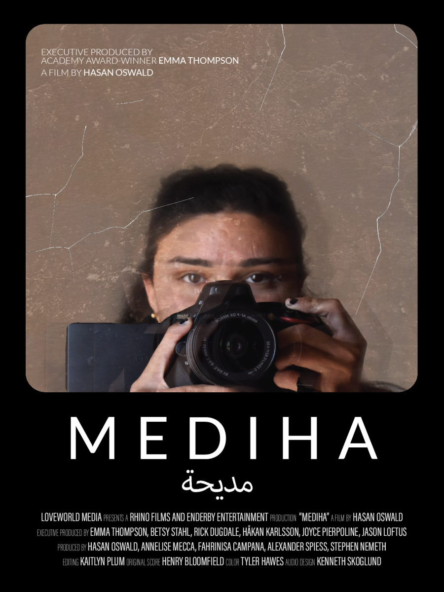 film poster for 'Mediha.' Black and brown background with white text. Image of a person holding up a video camera. 
