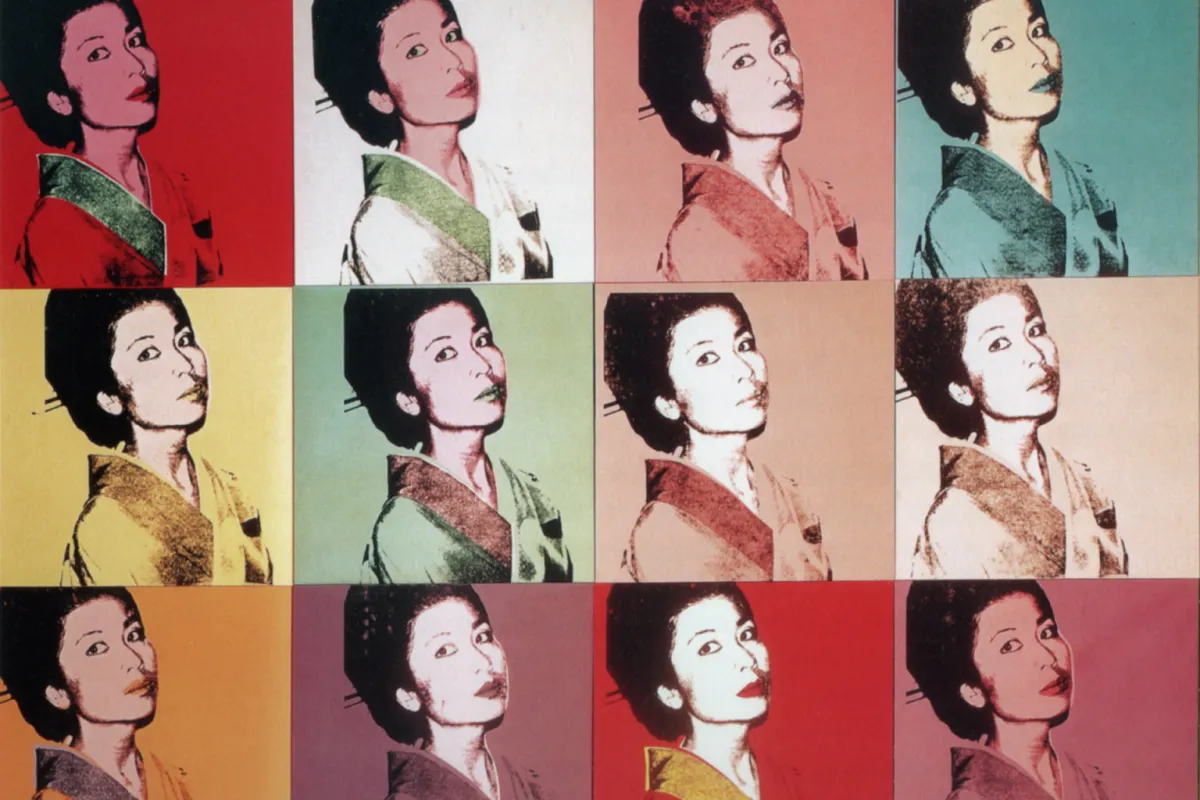 Multicolored repeating silkscreen close-up portrait of a woman wearing a traditional Japanese kimono
