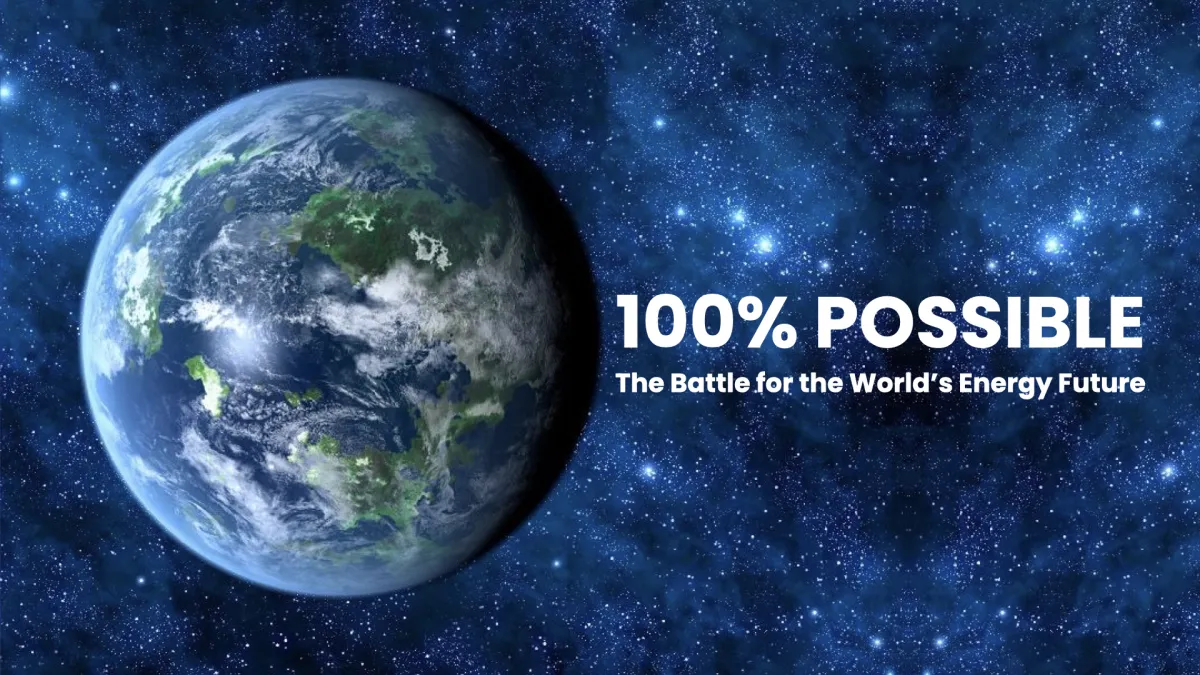 Image of Earth in front of the night sky, with "100% Possible" written next to it in white text