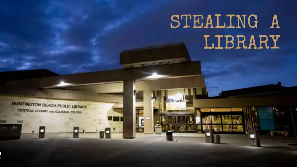 Nighttime exterior shot of a library building, the text "Stealing a Library" in the upper right corner