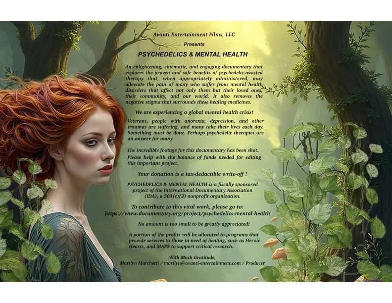 An AI generated image of a woman with flowing red hair. Butterflies, woods, and green mist in the background. Long black text with donation instructions in the foreground.