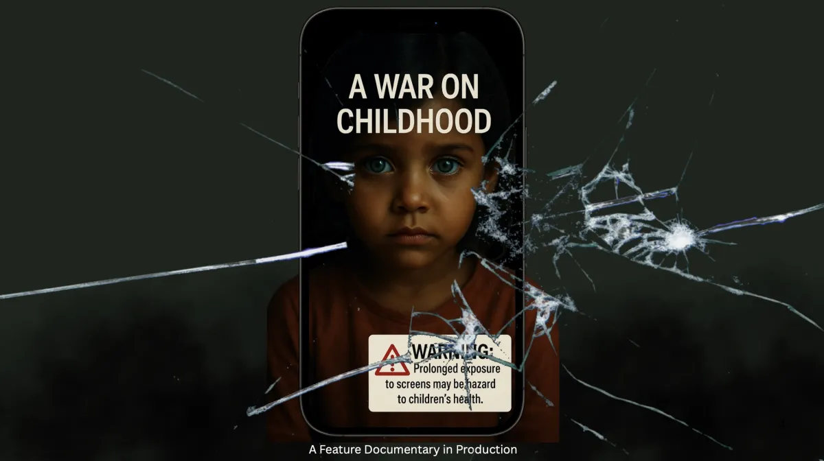 A child stares at the viewer through a cracked cell phone screen.