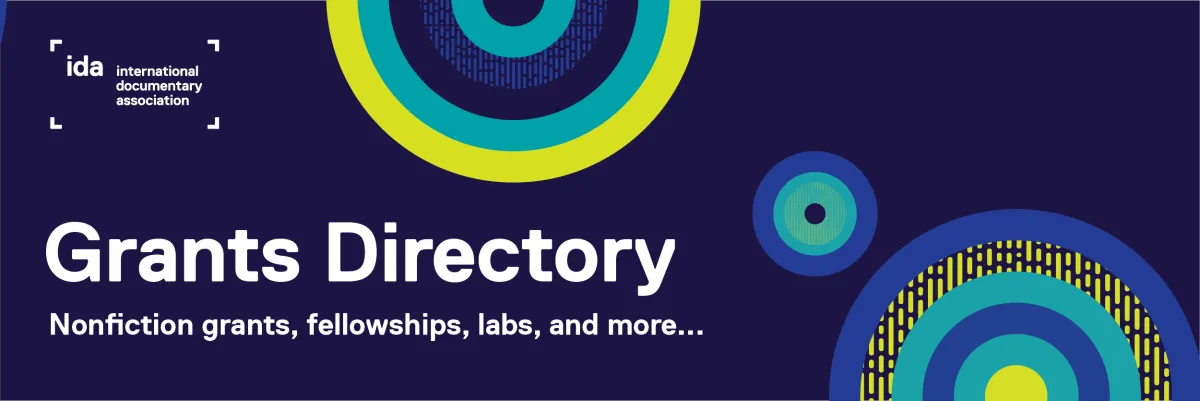 Grants Directory banner with white text over blue background and teal and yellow circles for decoration. Grants Directory title with Nonfiction grants, fellowships, labs, and more... as the subtitle. An IDA logo sits on top left corner.
