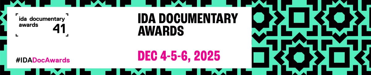 IDA Documentary Awards Menu Block with green and black background and dates of the event as December 4,5,6, 2025