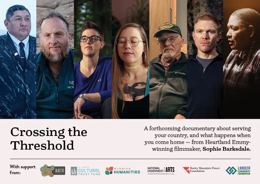 Seven portraits of U.S. Veterans. Below the portraits, the title Crossing the Threshold appears. Along the bottom, logos of supporting organizations are displayed.