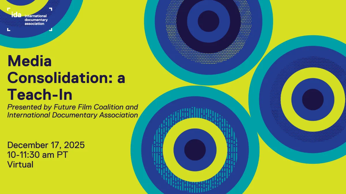 green and blue flyer for Media Consolidation: a Teach-In December 17, 2025 | 10-11:30 am PT  | Online