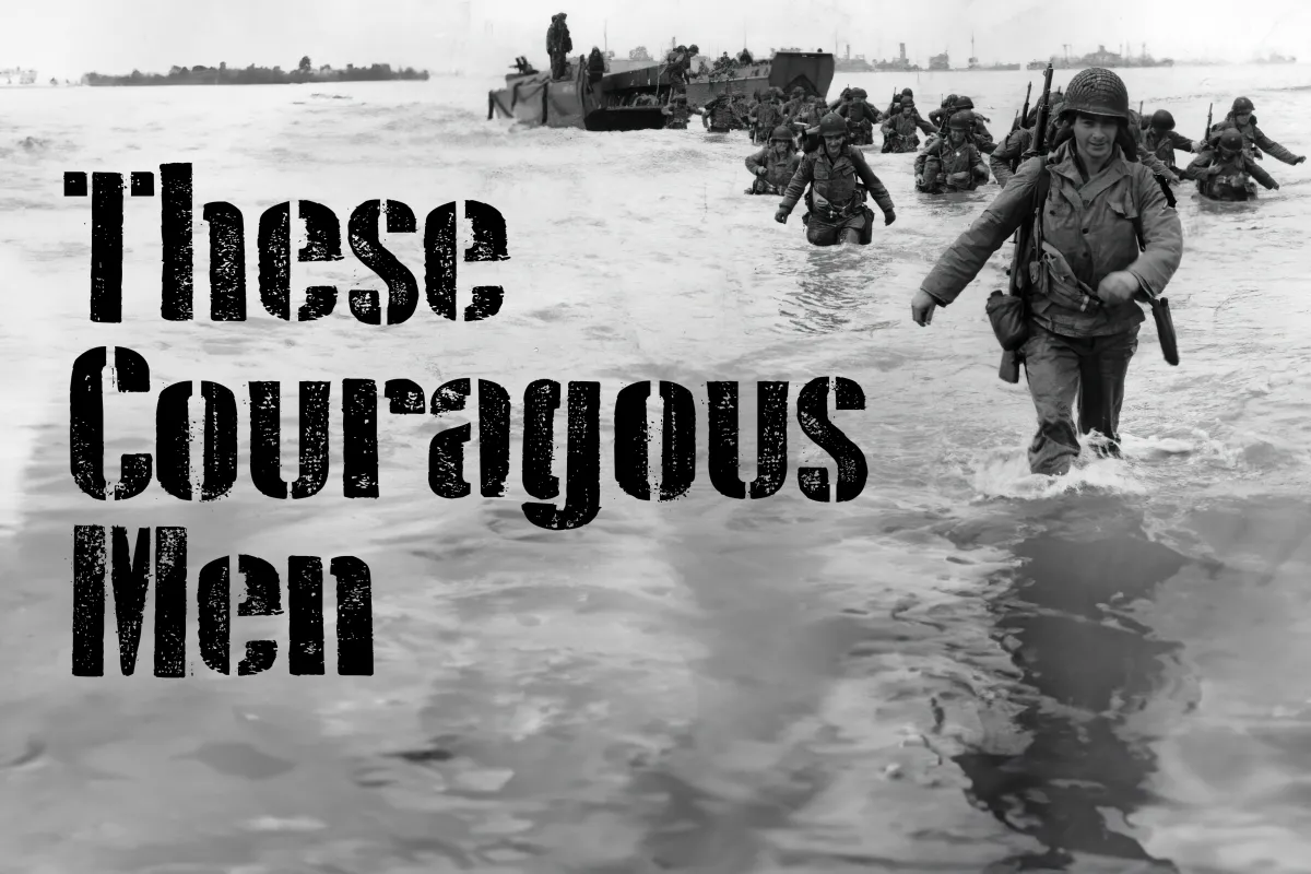 Black and white photograph of soldiers wading through the water on D-Day