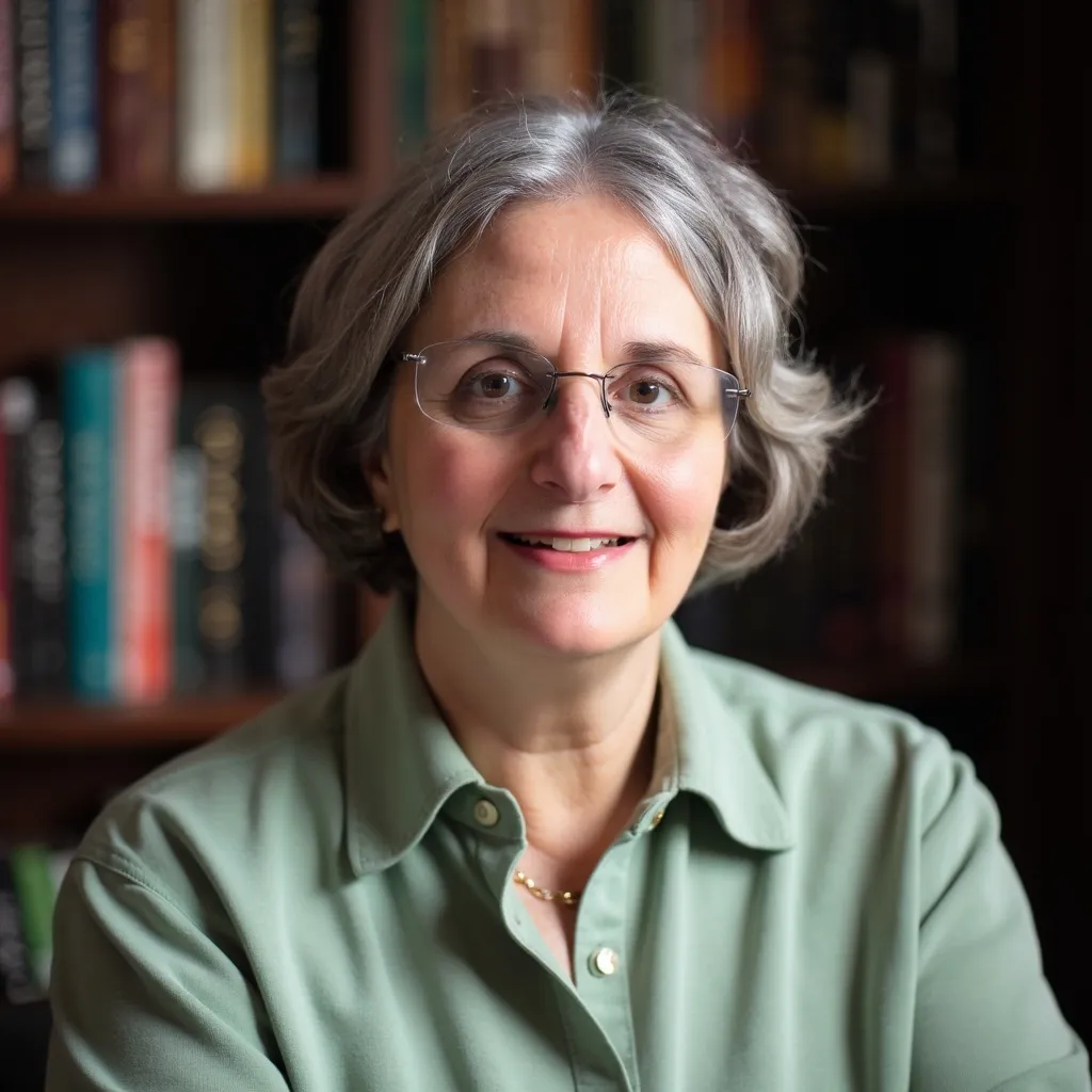 Headshot of a white older woman with short white hair wearing glasses and a mint collared shirt in front of a bookcase
