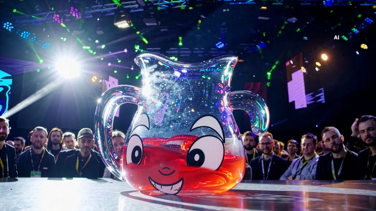 A CGI-rendered Kool-Aid-looking juice jug stands on a stage at a convention with men with lanyards looking in the audience