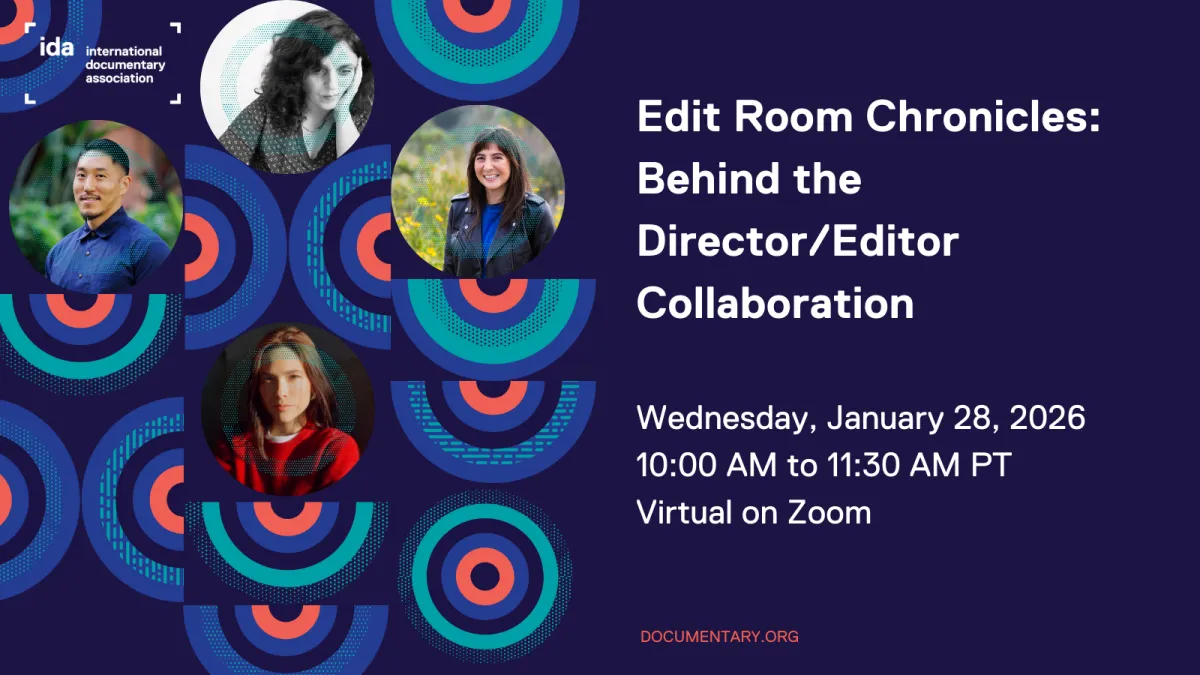 Dark blue background with multicolor circles. Edit Room Chronicles: Behind the Director/Editor Collaboration. January 28, 2026, 10 am PT
