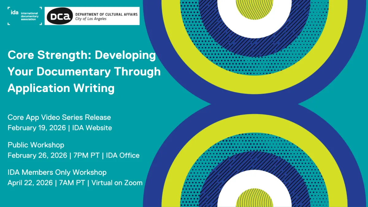 Turquoise graphic with multi color half circles. White text. Core Stregnth: Developing Your Documentary Through Application Writing 