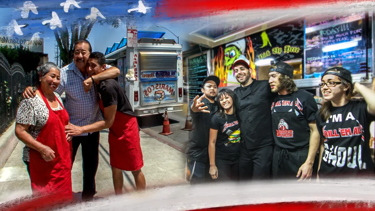 This image is divided in two: On the right side if the Grill of All food truck crew in front of their truck. They are five young people, three guys and two girls. On the left side of the image, you see a Latino family in front of their truck: mom, dad and son. Dad strongly embraces his son as they stand in front of their seafood, or mariscos truck. The American Dream flutters over the top and bottom of the image.