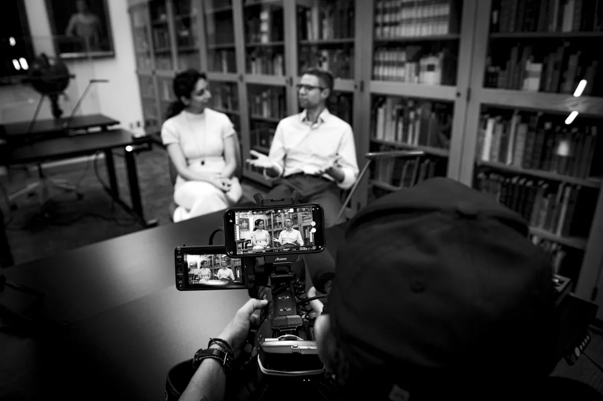 Anima Anandkumar and David Zierler, Director of the Caltech Heritage Project, in a joint interview at The Caltech Archives during our Teaser Shoot in December 2025.