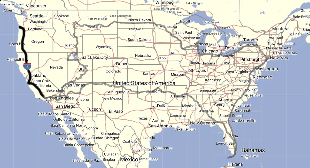 A light yellow-colored digital map of the United States of America has a line tracing a route from Florida up the East Coast, west to Montana, down to Los Angeles and then back to Florida through Texas.