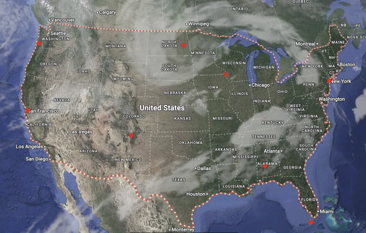 Digital map of the United States with dotted locations in Alabama, North Dakota and New Mexico, among others.